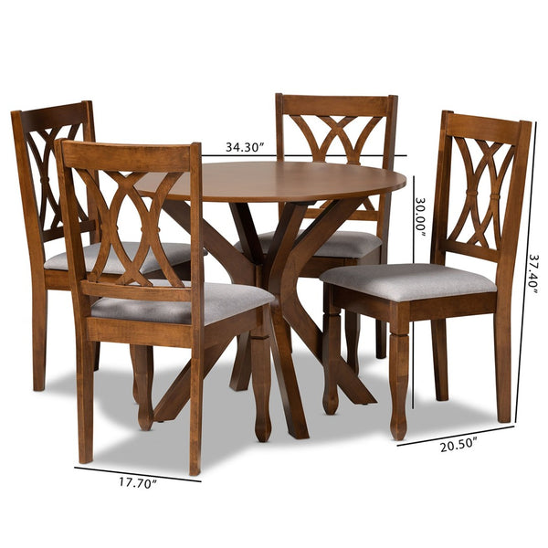 Baxton Studio Baxton Studio Maya 5-Piece Dining Set - Modern Grey Upholstered Chairs & Walnut Round Table Design Maya-Grey/Walnut-5PC Dining Set
