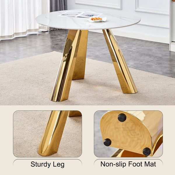 English Elm Table 5-Piece Dining Set With 42-Inch Round Snow Mountain White Top & Elegant Gold Leg Chairs W2920S00045-GIGA