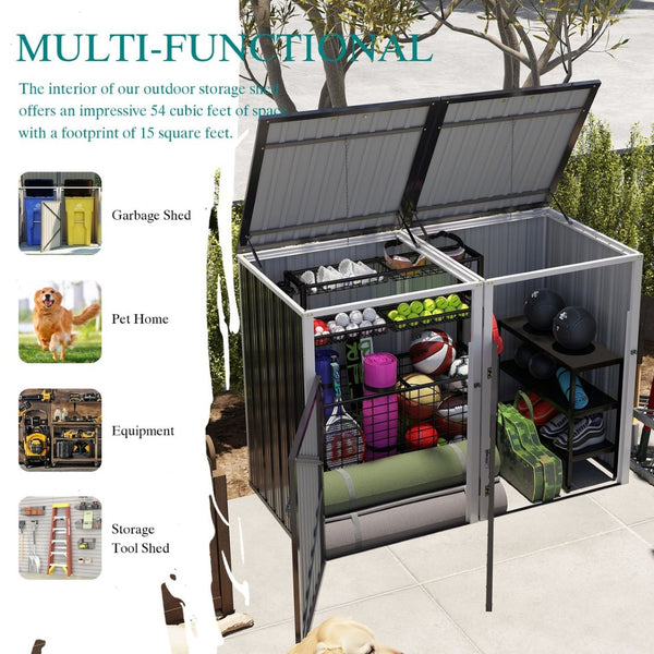 English Elm Garbage Bin Shed Galvanized Steel Enclosure for Two Cans Outdoor Weather Resistant Dark Gray W1598P357714