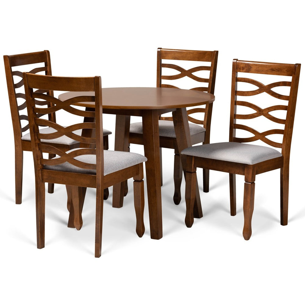 Baxton Studio Baxton Darina 5-Piece Modern Dining Set - Grey Upholstered Chairs & Walnut Round Table for Elegance Darina-Grey/Walnut-5PC Dining Set