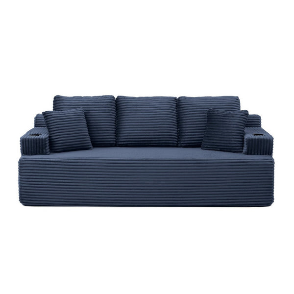 English Elm Boneless Floor Sofa Corduroy Upholstered 5 Seat Low Profile with Cup Holders for Living Room Blue W1117S00433