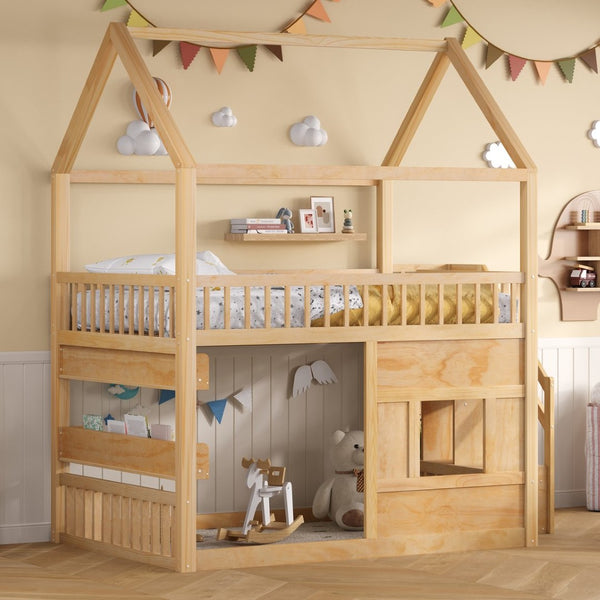 English Elm Full Size Solid Wood House Bed with Led Shelf Lighting for Kids Bedroom Natural N7500005026N