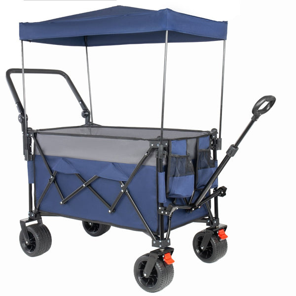 English Elm Multi-functional Heavy Duty Folding Wagon with Canopy Steel Frame All Terrain Wheels Blue Gray W2932P417648