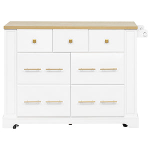 English Elm K&K Rustic Kitchen Island Cart with 6 Drawers, Pull-Out Trash Cabinet, Drop Leaf & Built-In Charging Station White N707P307292W