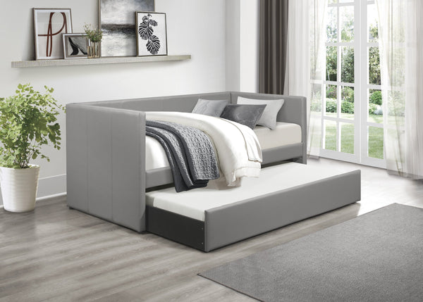 English Elm Gray Faux Leather Daybed with Pull-Out Trundle, Contemporary Upholstered Twin Guest Bed, Sleek Design B011S01506