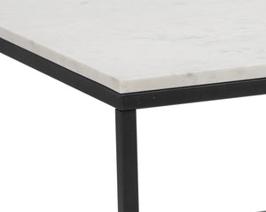 Sunpan Ellery Modern Coffee Table - White Polished Marble Top with Matte Black Steel Base, Handcrafted Elegance
