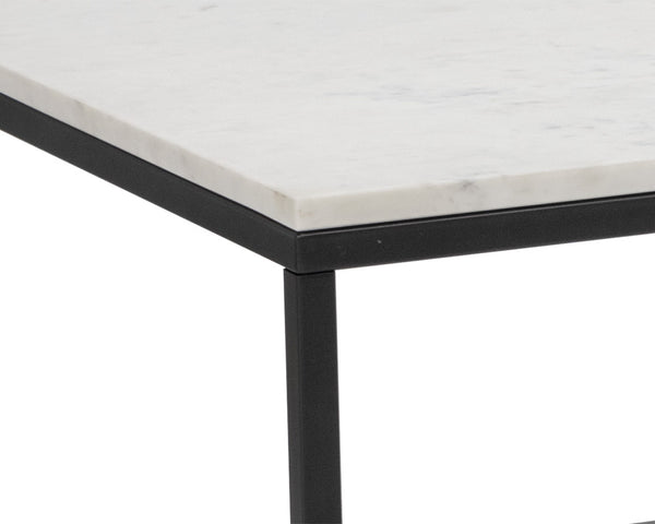 Sunpan Ellery Modern Coffee Table - White Polished Marble Top with Matte Black Steel Base, Handcrafted Elegance