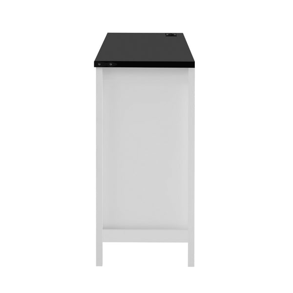English Elm U_style 59 Inch Sideboard Buffet with Built in Power Outlets Open Cubbies Metal Accents White+Black N711P347407K