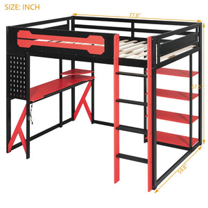 English Elm Full Size Loft Bed with Rgb Lighting Chevron Desk Usb Charging Ports and Storage Shelves Black+Red LT000286AAR
