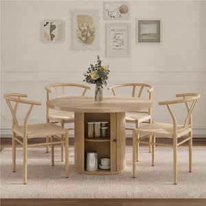 English Elm 4-piece Round Pedestal Dining Set with Woven Wishbone Chairs and Fluted Column Base Natural Wood,Wood W2920S00141