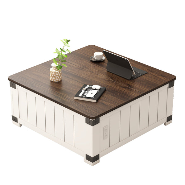 English Elm Farmhouse Lift Top Coffee Table with USB Charging Station, Large Hidden Storage, White MDF Elegance W509P224963