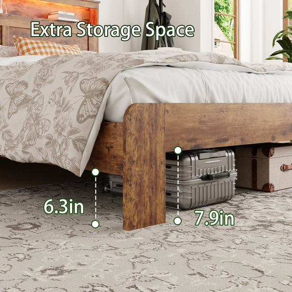 English Elm Bed Frame Queen Size - Modern Wood Platform Bed With Led Headboard, Usb Ports, And Storage Space W636P233483