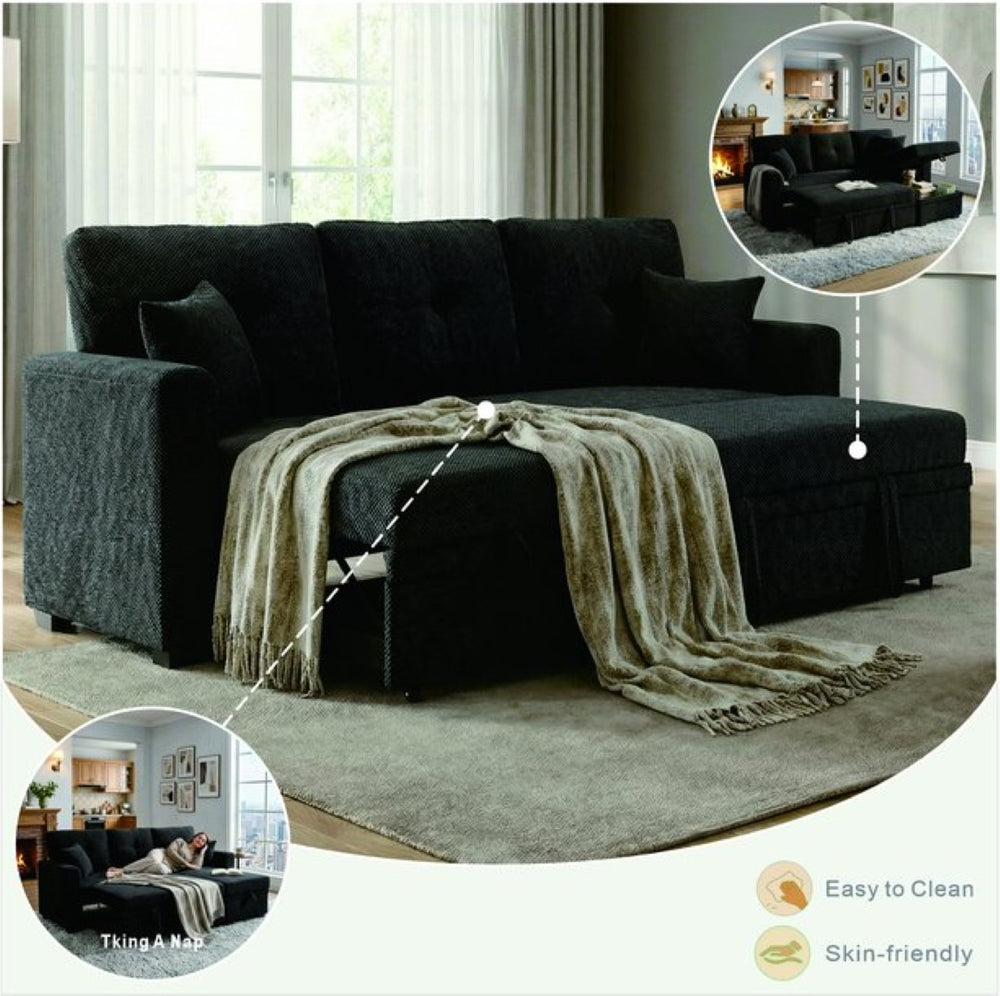 English Elm Sleeper Sectional with Pull Out Bed Reversible Chaise Storage Black Polyester Sofa W5568S00040