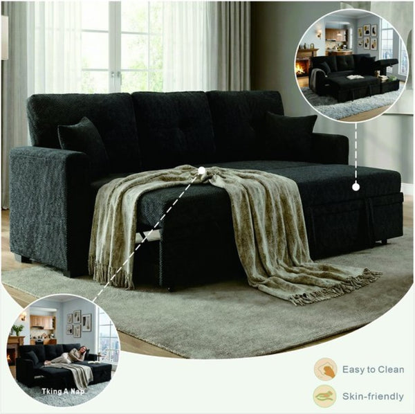 English Elm Sleeper Sectional with Pull Out Bed Reversible Chaise Storage Black Polyester Sofa W5568S00040