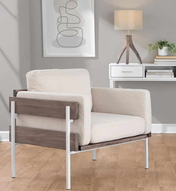 English Elm Accent Chair Farmhouse Style with Cream Upholstery Grey Wood and White Metal Base B202S02194