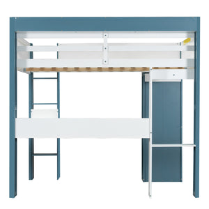 English Elm Full Size Wood Loft Bed With Desk, Storage Shelves & Clothes Rails - Modern Space-Saving Design N7090005007C