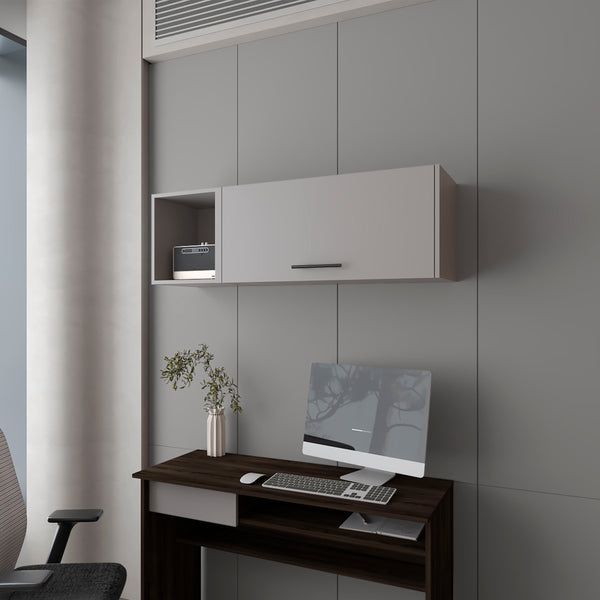 English Elm Cutter Wall Cabinet Melamine Smoke with Pneumatic Arms, Fold-Down Door & Open Display Storage B128P237137