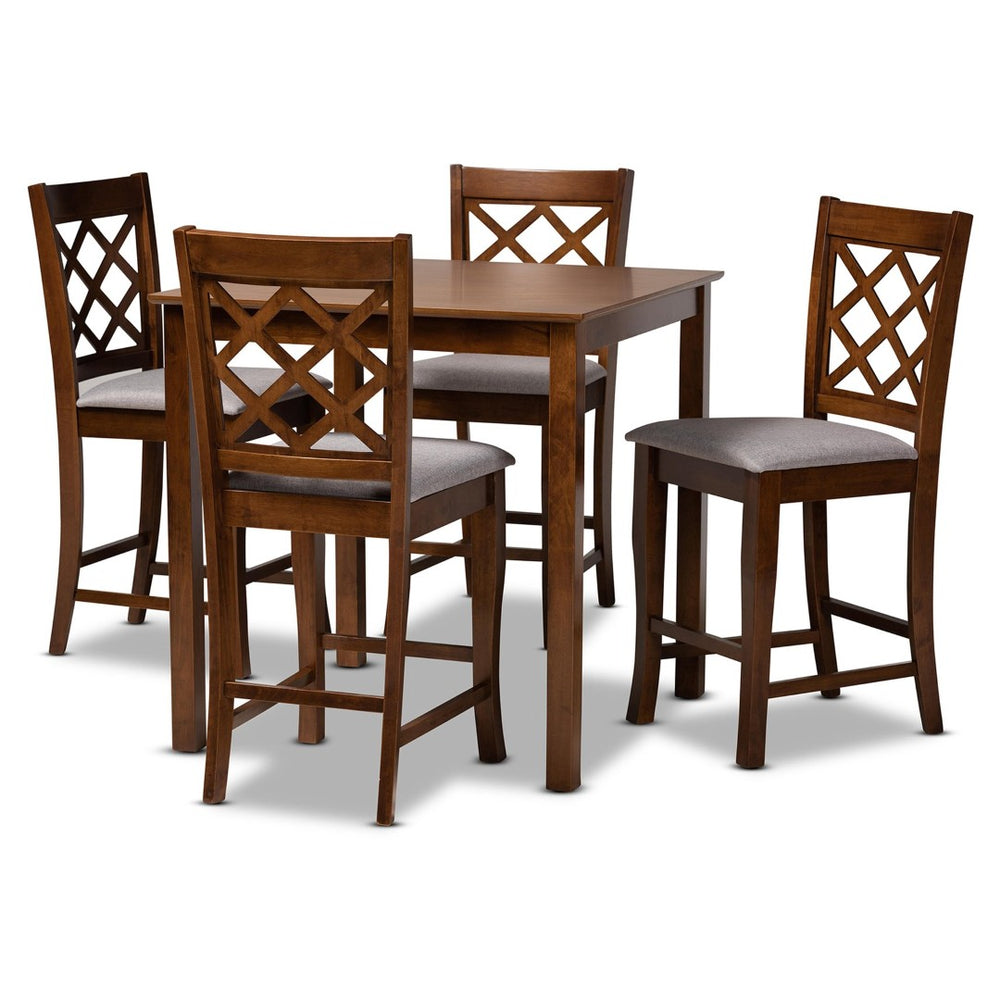 Baxton Studio Baxton Alora 5-Piece Modern Pub Set in Grey Fabric & Walnut Finish - Stylish & Comfortable Dining Solution RH320P-Grey/Walnut-5PC Pub Set