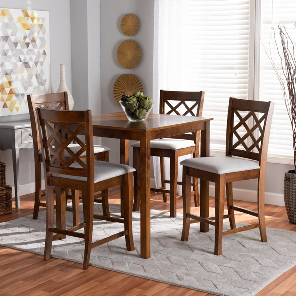 Baxton Studio Baxton Alora 5-Piece Modern Pub Set in Grey Fabric & Walnut Finish - Stylish & Comfortable Dining Solution RH320P-Grey/Walnut-5PC Pub Set