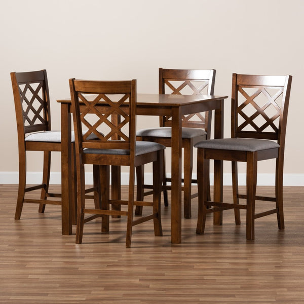 Baxton Studio Baxton Alora 5-Piece Modern Pub Set in Grey Fabric & Walnut Finish - Stylish & Comfortable Dining Solution RH320P-Grey/Walnut-5PC Pub Set