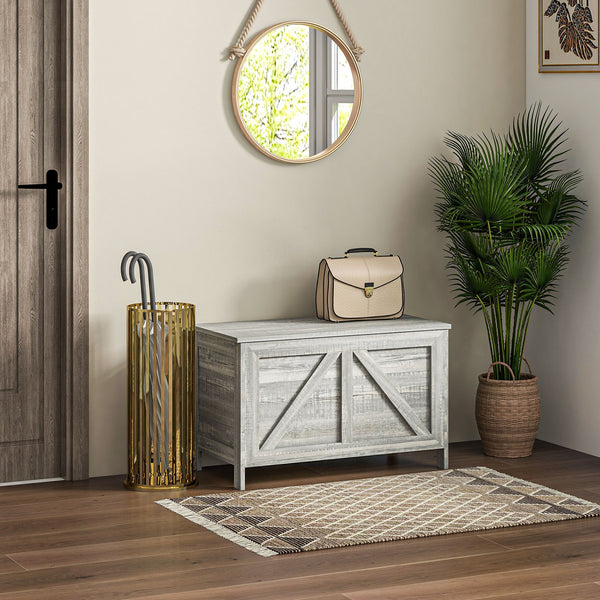 English Elm HOMCOM Farmhouse Storage Chest with Safety Gas Strut, 30" Lift-Top Blanket Trunk for Entryway Light Gray W2225P217730