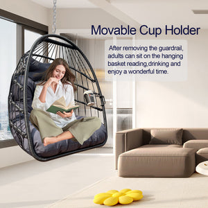 English Elm Swing Hammock Egg Chair with Wood-Grain Alloy Frame, UV-Resistant Rattan, Foldable 350lb Capacity Black W2707P184373