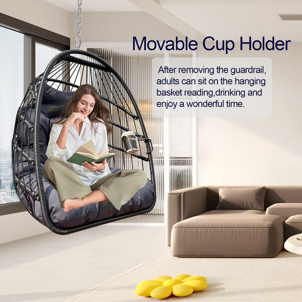 English Elm Swing Hammock Egg Chair with Wood-Grain Alloy Frame, UV-Resistant Rattan, Foldable 350lb Capacity Black W2707P184373