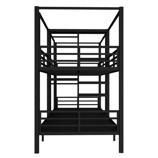 English Elm Twin Quadruple Metal Bunk Bed with Central Closet, Shelves & Wardrobe for Space-Saving Dormitory Living Black W1580S00154
