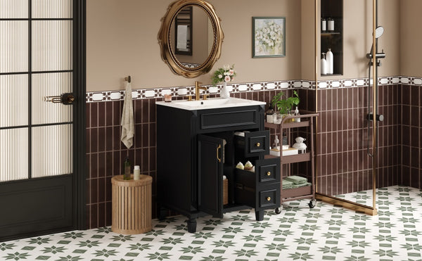 English Elm 24" French-Inspired Bathroom Vanity With Ceramic Sink, 2 Soft-Close Drawers & Adjustable Shelf N710P318989B