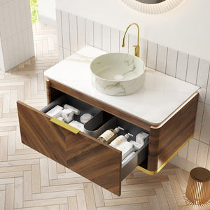 English Elm Dipa 36" Floating Bathroom Vanity With Stone Top, Ceramic Vessel Sink, Led Light & Dark Walnut Finish W2615S00484