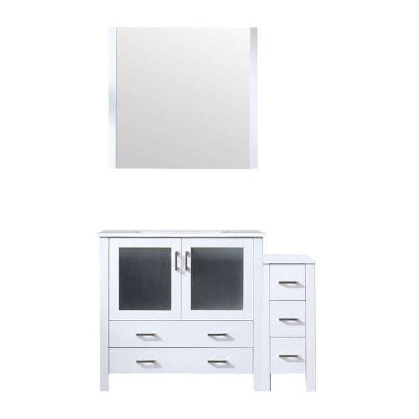 English Elm White Single Bath Vanity 48 in with Side Cabinet, White Ceramic Top, Soft-Close Drawers, Mirror Included B2731S00951