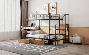 English Elm Twin Metal Bunk Bed Twin-Over-Full with Built-In Drawer, Ladder Storage, Wardrobe & Trundle Utility Black SF000174AAB