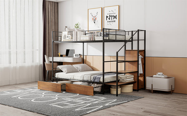 English Elm Twin Metal Bunk Bed Twin-Over-Full with Built-In Drawer, Ladder Storage, Wardrobe & Trundle Utility Black SF000174AAB