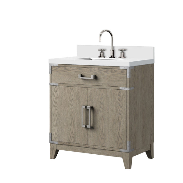 English Elm Grey Grey Oak Single Bath Vanity 30" W x 22" D with White Quartz Top, Soft-Close, Chrome Faucet Set, Storage B2731P259773