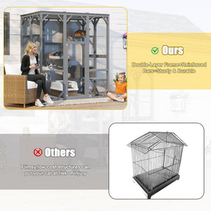 English Elm Outdoor Fir Wood Cat Enclosure Three Tier Six Platform Habitat with Waterproof Roof W1598P390796