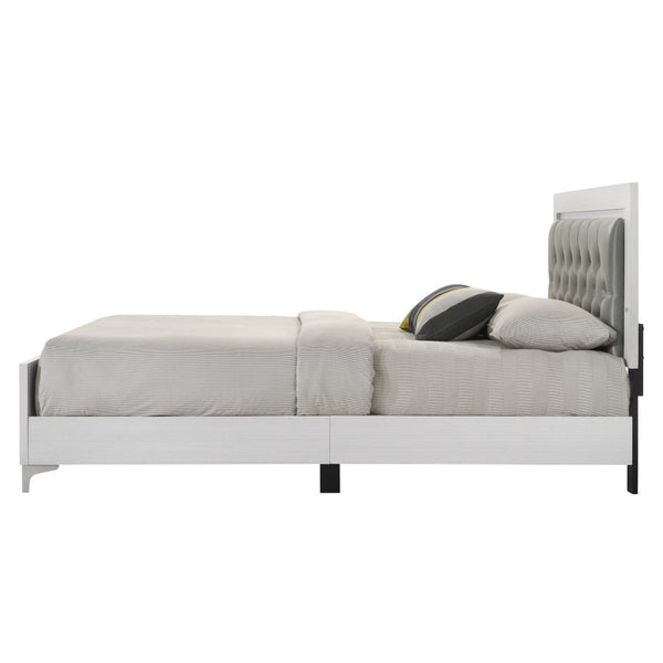 English Elm Contemporary Queen Platform Bed with Gray PU Tufted LED Headboard and Chrome Legs for Modern Bedrooms White 82 L x 29 W x 10 H B2741P405687