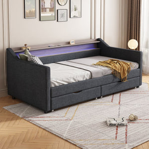 English Elm Twin Size Daybed With Usb Ports, Led Lighting & Storage Drawers For Modern Living Room Decor W2336S00026-GIGA