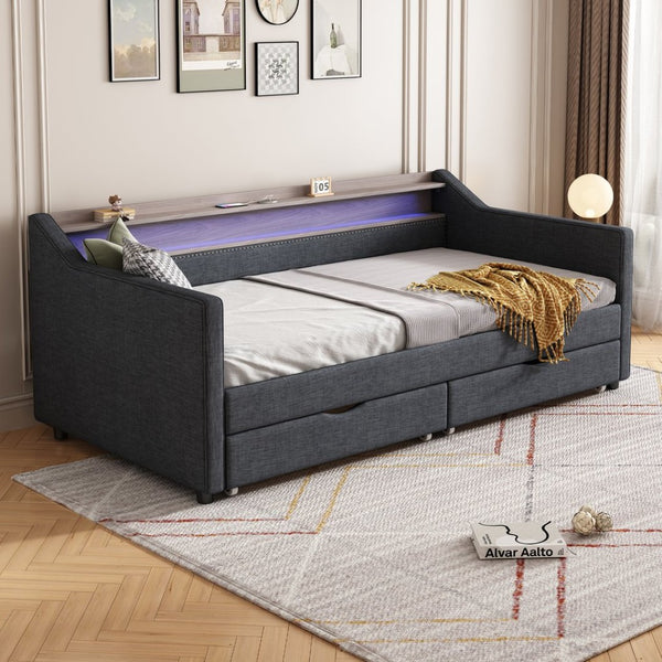 English Elm Twin Size Daybed With Usb Ports, Led Lighting & Storage Drawers For Modern Living Room Decor W2336S00026-GIGA