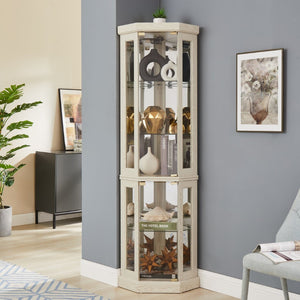 English Elm Corner Curio Cabinet Lighted Glass Display Case with Mirrored Back for Living Room Antique White W2275P194429