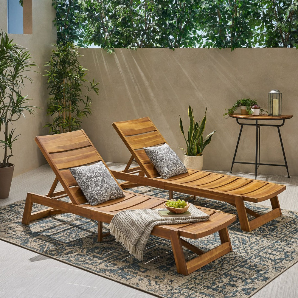 English Elm Maki Outdoor Acacia Hardwood Chaise Lounge Set Teak Wash Iron Accents Resort Style 70998.00