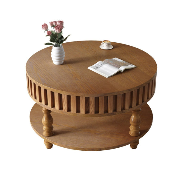 English Elm Farmhouse Fluted Square Coffee Table with Flip Top Hidden Compartment and Open Shelf Walnut Brown W1445P370480