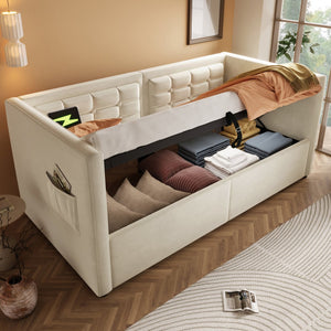 English Elm Upholstered Twin Daybed with Hydraulic Storage, Velvet Tufted Sofa Back, USB & Type-C Charging Port Beige N736P303402B