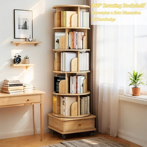 English Elm 6 Tier Rotating Bookshelf 360° Spinning Tower with Lockable Wheels, Drawer & Stable Base for Home Office Wood W3204P309484