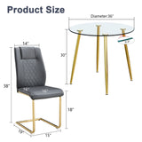 English Elm A Modern Minimalist Style Round Transparent Tempered Glass Table With Gold Metal Legs, Paired With 4 Modern Pu Leather High-Back Dining Chairs,Bringing You A Luxurious Experience.