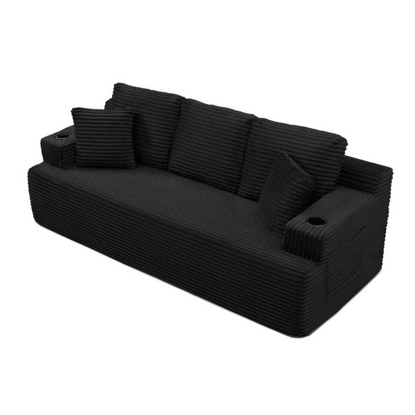English Elm Boneless Floor Sofa Corduroy Upholstered 5 Seat Low Profile with Cup Holders for Living Room Black W1117S00435