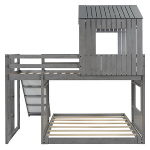 English Elm Wooden Twin Over Full Bunk Bed Farmhouse Playhouse Slide Pinewood Kids Loft LT000328AAE