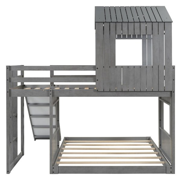 English Elm Wooden Twin Over Full Bunk Bed Farmhouse Playhouse Slide Pinewood Kids Loft LT000328AAE