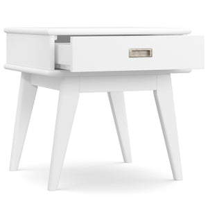 English Elm Draper Mid Century End Table White Solid Rubberwood 22"H | Drawer with Antique Brass Pull, Tapered Legs B136P203447