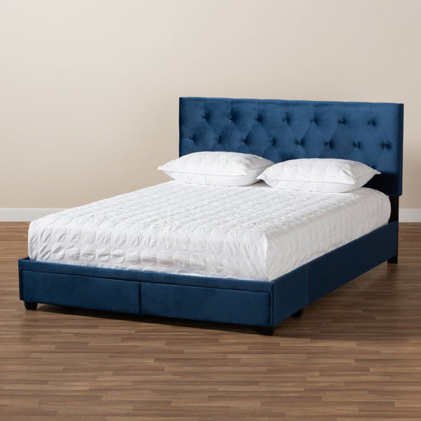 Baxton Studio Baxton Studio Caronia Stylish Navy Blue Velvet Queen Size Platform Bed with 2 Storage Drawers Caronia-Navy-Queen