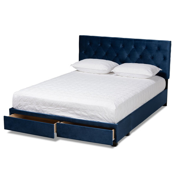 Baxton Studio Baxton Studio Caronia Stylish Navy Blue Velvet Queen Size Platform Bed with 2 Storage Drawers Caronia-Navy-Queen